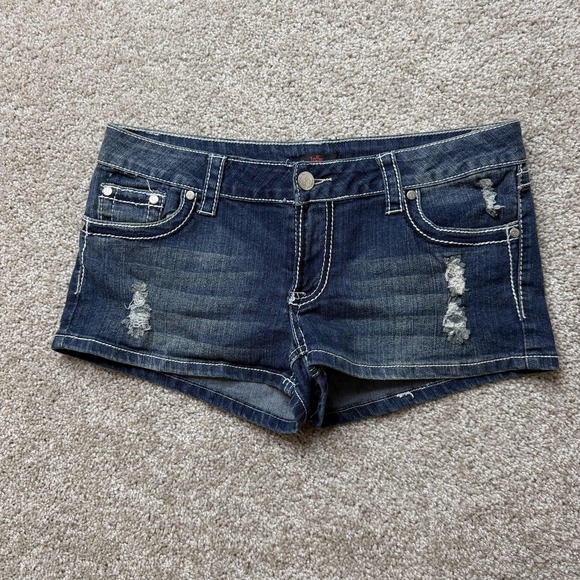 1955 Vintage Pants - 1955 Vintage Hot Pants Shorts Womens 11 Blue Denim Distressed Low Rise Casual